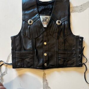 Boys Black Leather Fringe Vest size X-Large with adjustable side Made in Mexcio